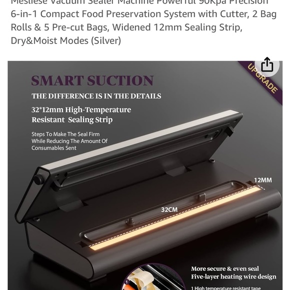 Mesliese Vacuum Sealer Machine Powerful 90Kpa Precision 6-in-1 - Picture 4 of 6